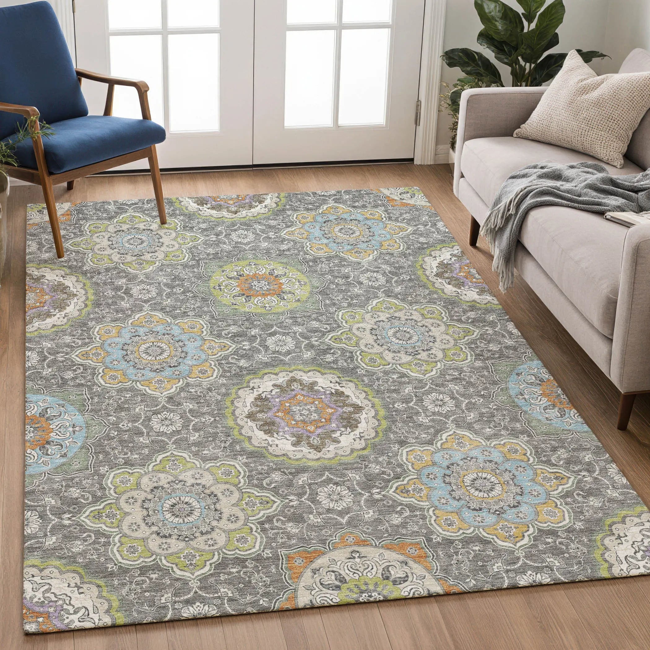 3' X 5' Gray And Brown Floral Medallion Washable Indoor Outdoor Area Rug Homeroots Outdoor