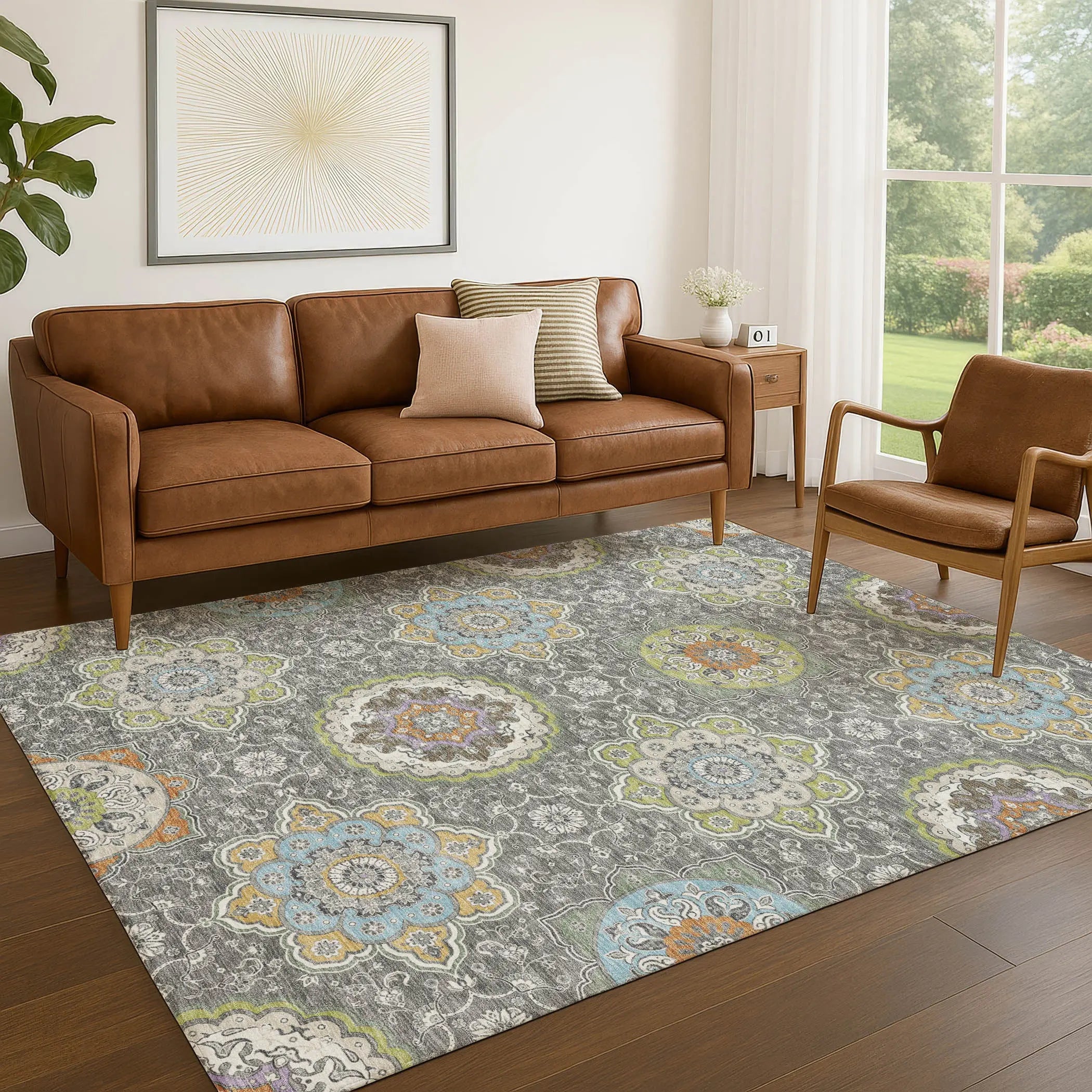 3' X 5' Gray And Brown Floral Medallion Washable Indoor Outdoor Area Rug Homeroots Outdoor