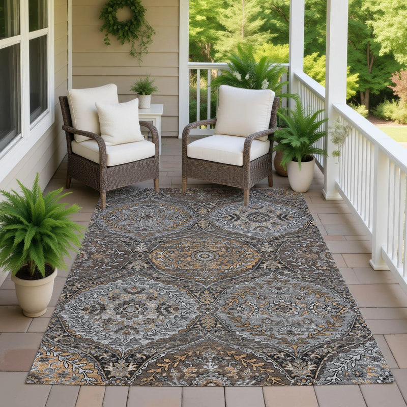 3' X 5' Gray And Brown Ogee Washable Indoor Outdoor Area Rug Homeroots Outdoor
