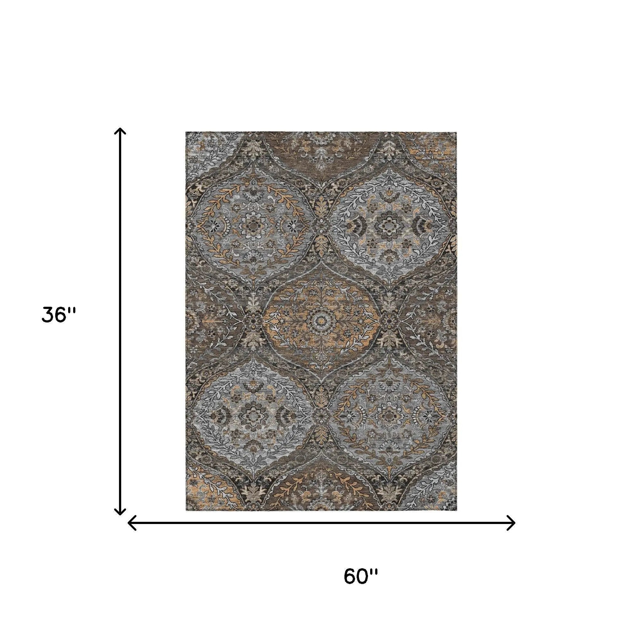 3' X 5' Gray And Brown Ogee Washable Indoor Outdoor Area Rug Homeroots Outdoor