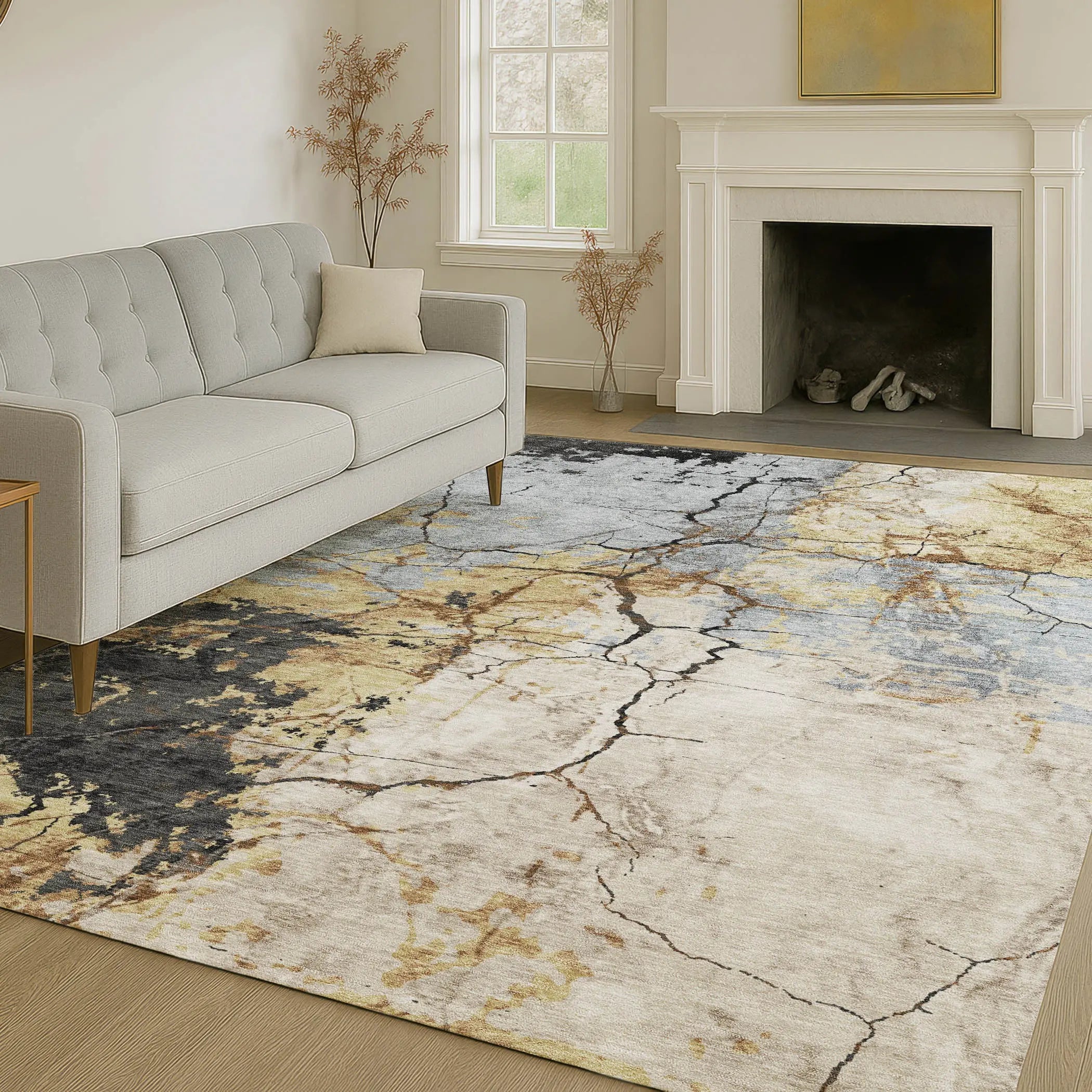3' X 5' Gray And Gold Abstract Washable Indoor Outdoor Area Rug Homeroots Outdoor