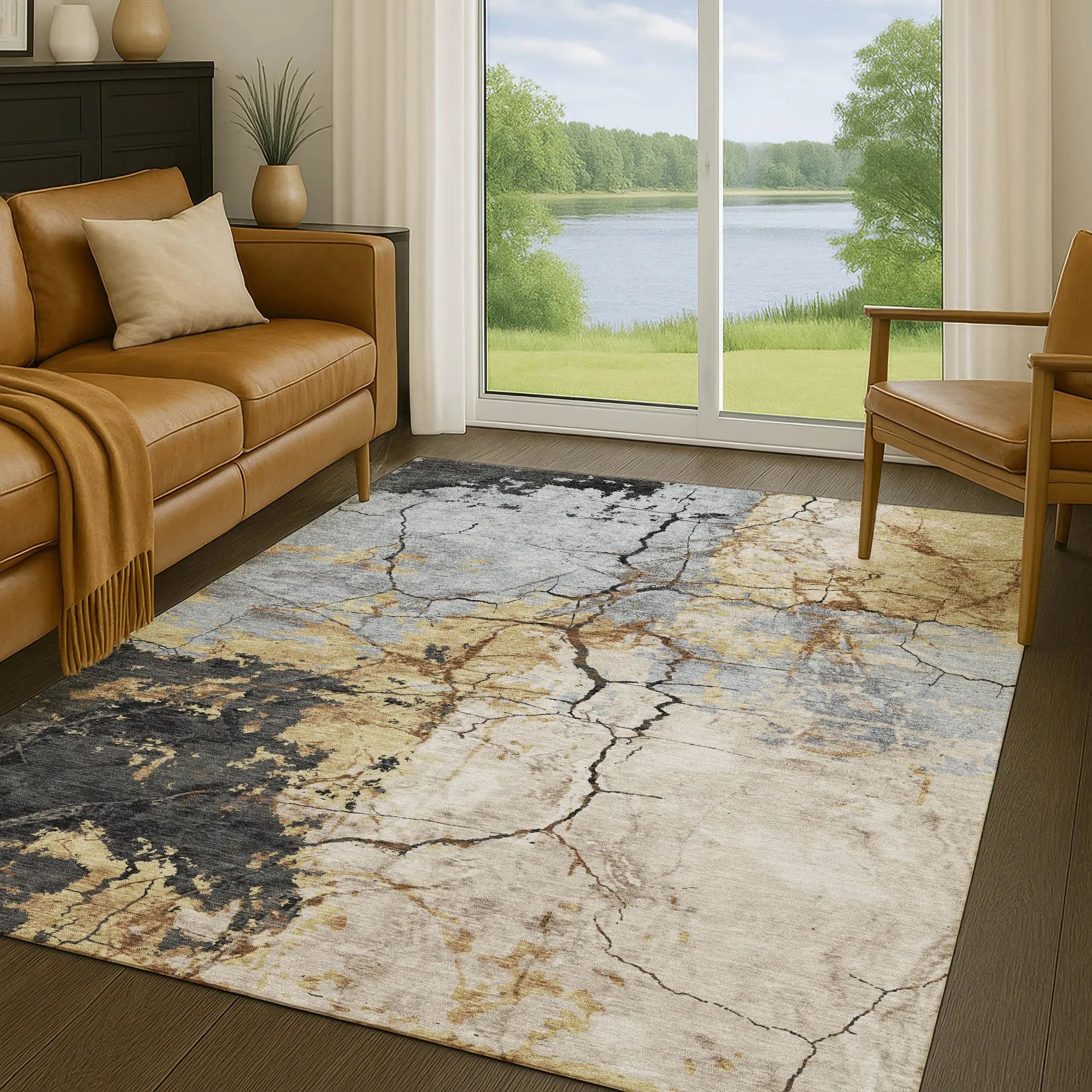 3' X 5' Gray And Gold Abstract Washable Indoor Outdoor Area Rug Homeroots Outdoor