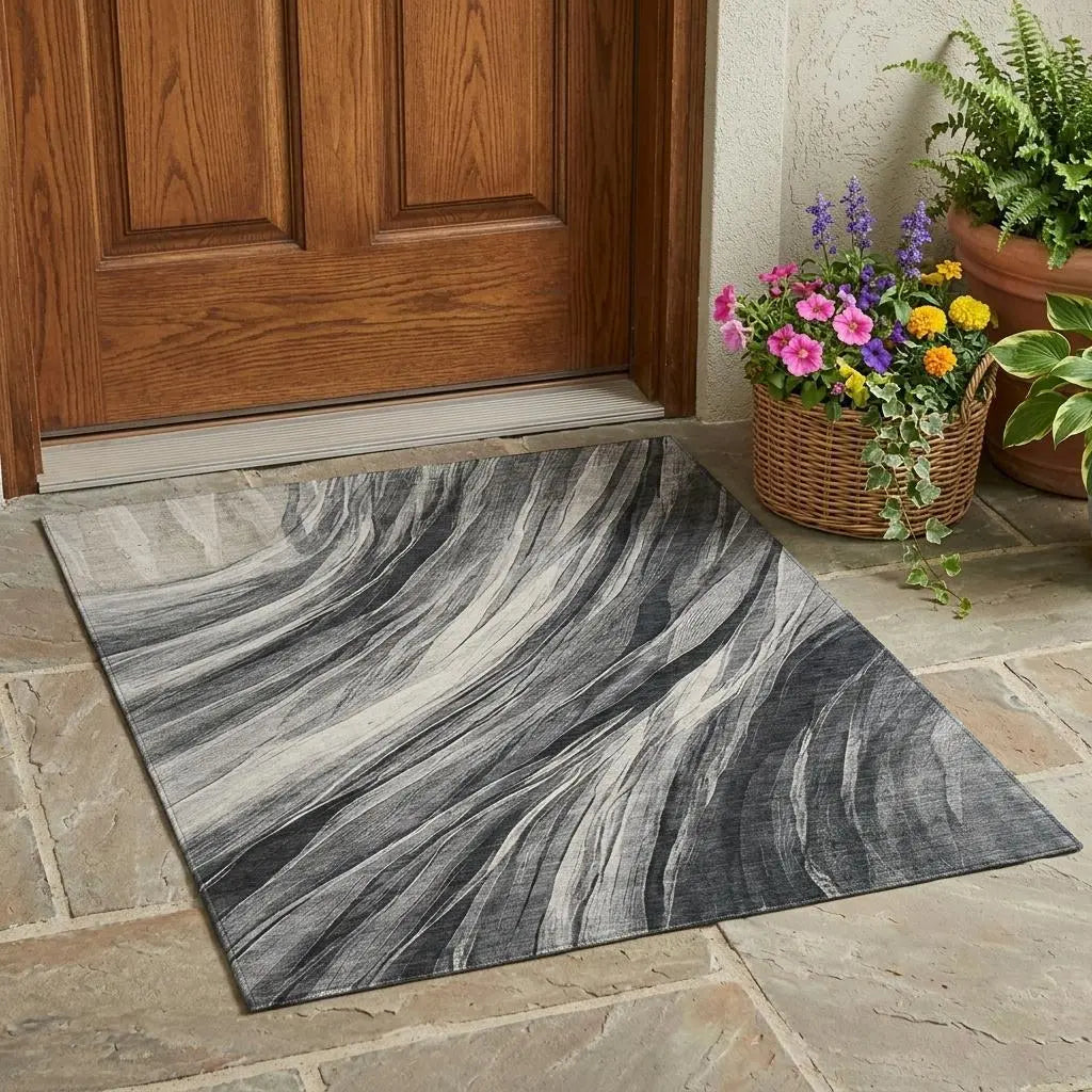 3' X 5' Gray And Graphite Abstract Washable Indoor Outdoor Area Rug Homeroots Outdoor
