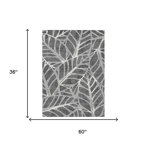 3' X 5' Gray And Graphite Floral Washable Indoor Outdoor Area Rug Homeroots Outdoor