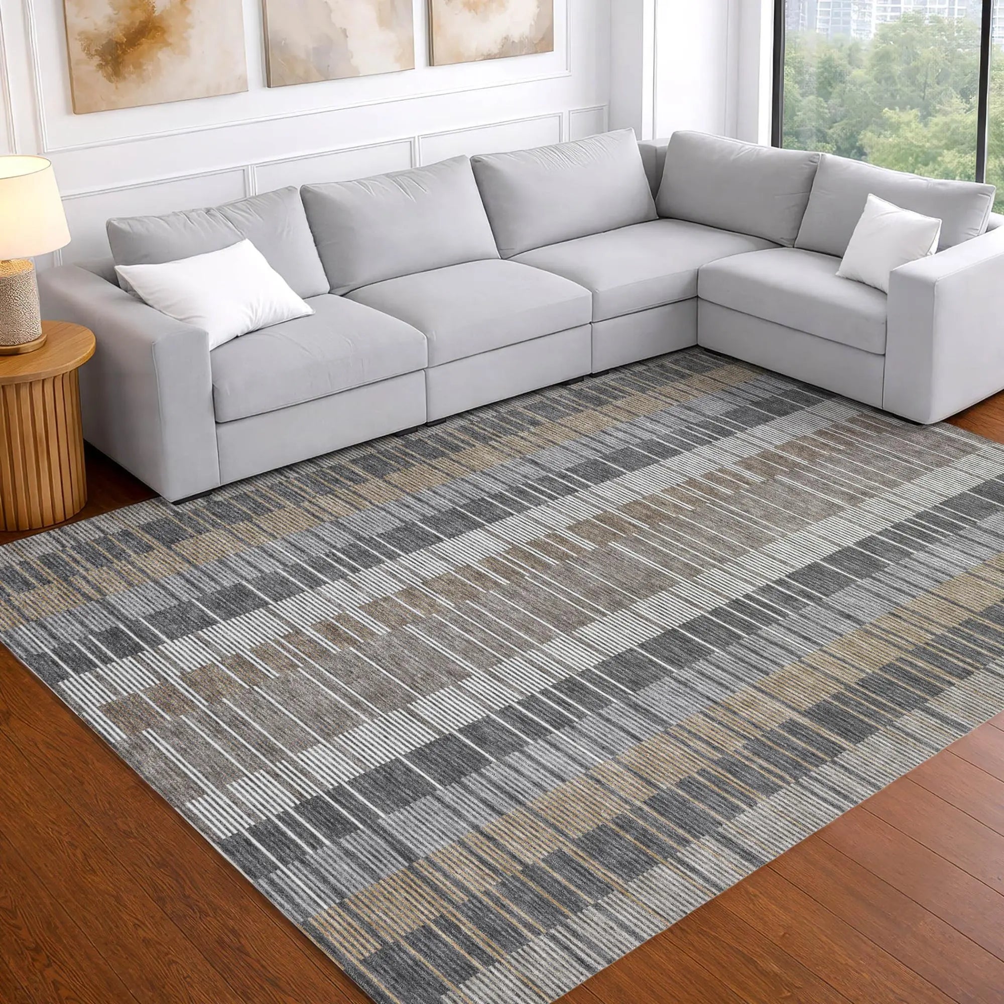 3' X 5' Gray And Graphite Striped Washable Indoor Outdoor Area Rug Homeroots Outdoor