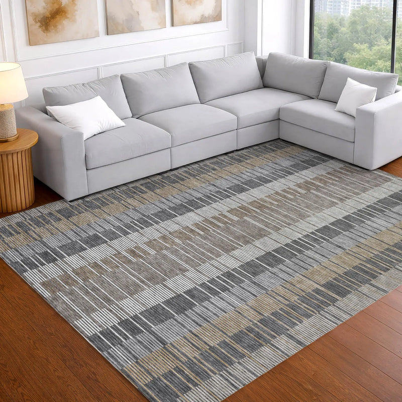 3' X 5' Gray And Graphite Striped Washable Indoor Outdoor Area Rug Homeroots Outdoor