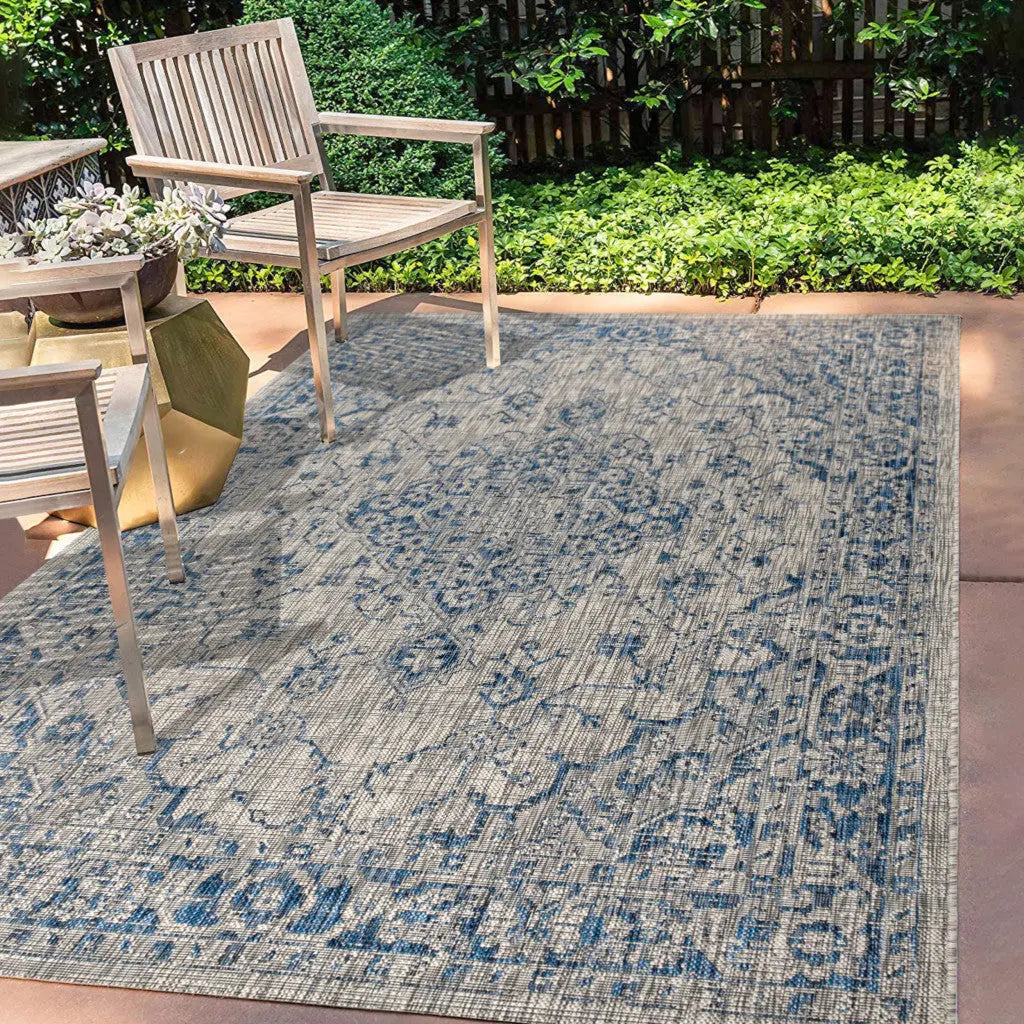 3' X 5' Gray And Navy Blue Medallion Indoor Outdoor Area Rug Homeroots Outdoor