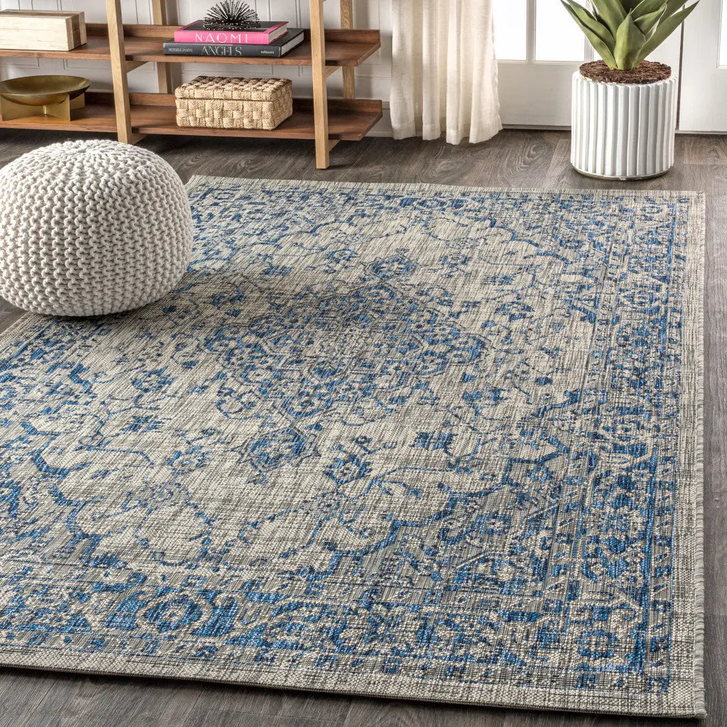 3' X 5' Gray And Navy Blue Medallion Indoor Outdoor Area Rug Homeroots Outdoor