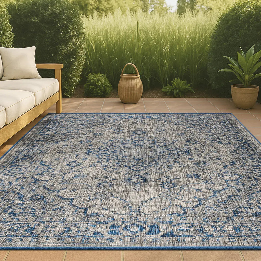 3' X 5' Gray And Navy Blue Medallion Indoor Outdoor Area Rug Homeroots Outdoor