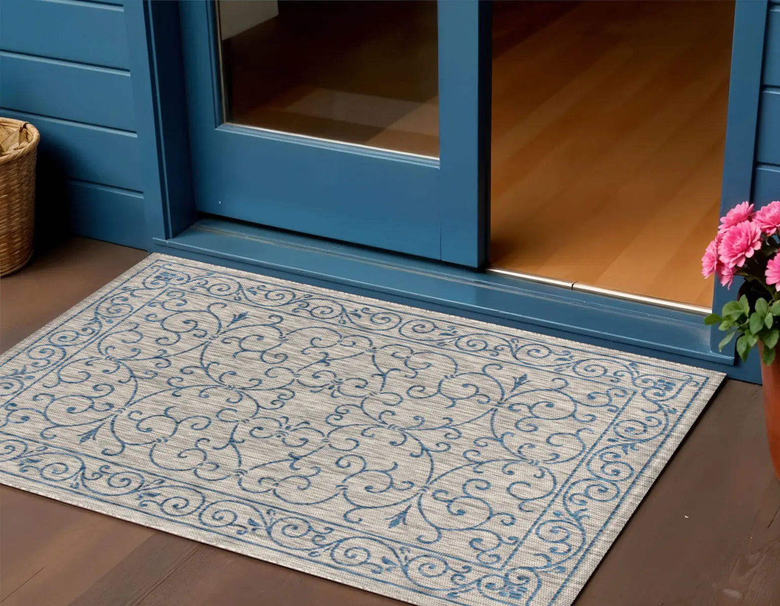 3' X 5' Gray And Navy Blue Medallion Indoor Outdoor Area Rug Homeroots Outdoor