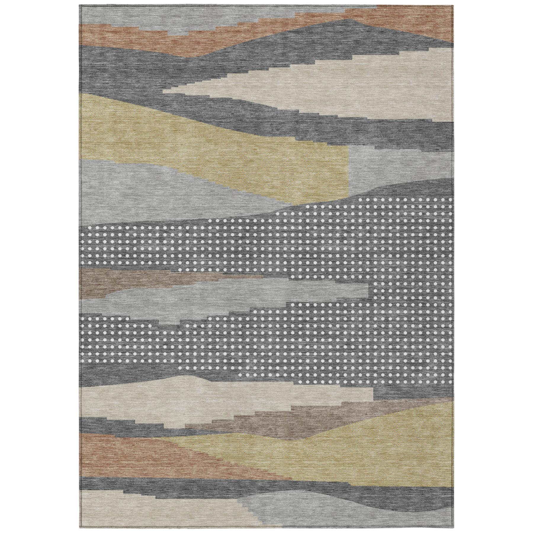 Modern abstract area rug in beige, gray, and earthy tones, featuring geometric patterns and a soft synthetic texture.