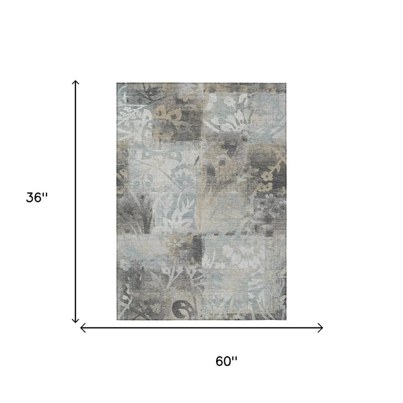3' X 5' Gray And Silver Botanical Leaves Washable Indoor Outdoor Area Rug Homeroots Outdoor