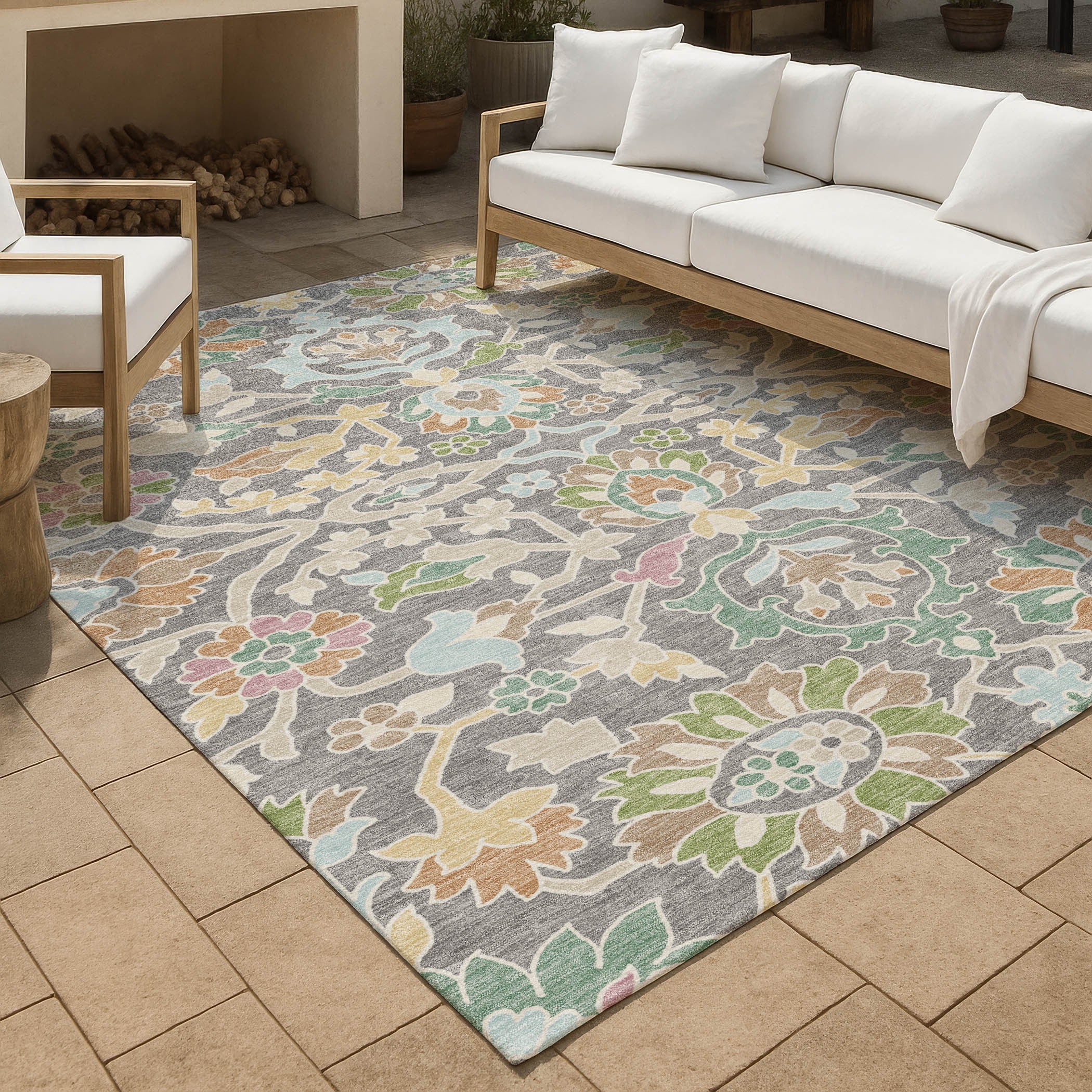 3' X 5' Gray And Silver Floral Washable Indoor Outdoor Area Rug Homeroots Outdoor
