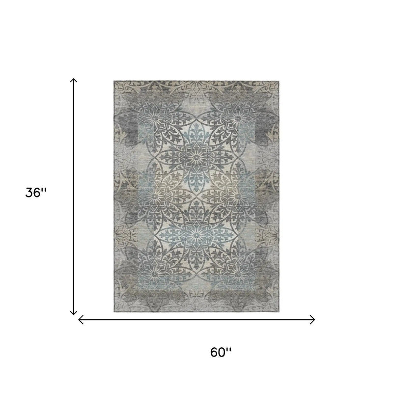 3' X 5' Gray And Silver Oriental Washable Indoor Outdoor Area Rug Homeroots Outdoor