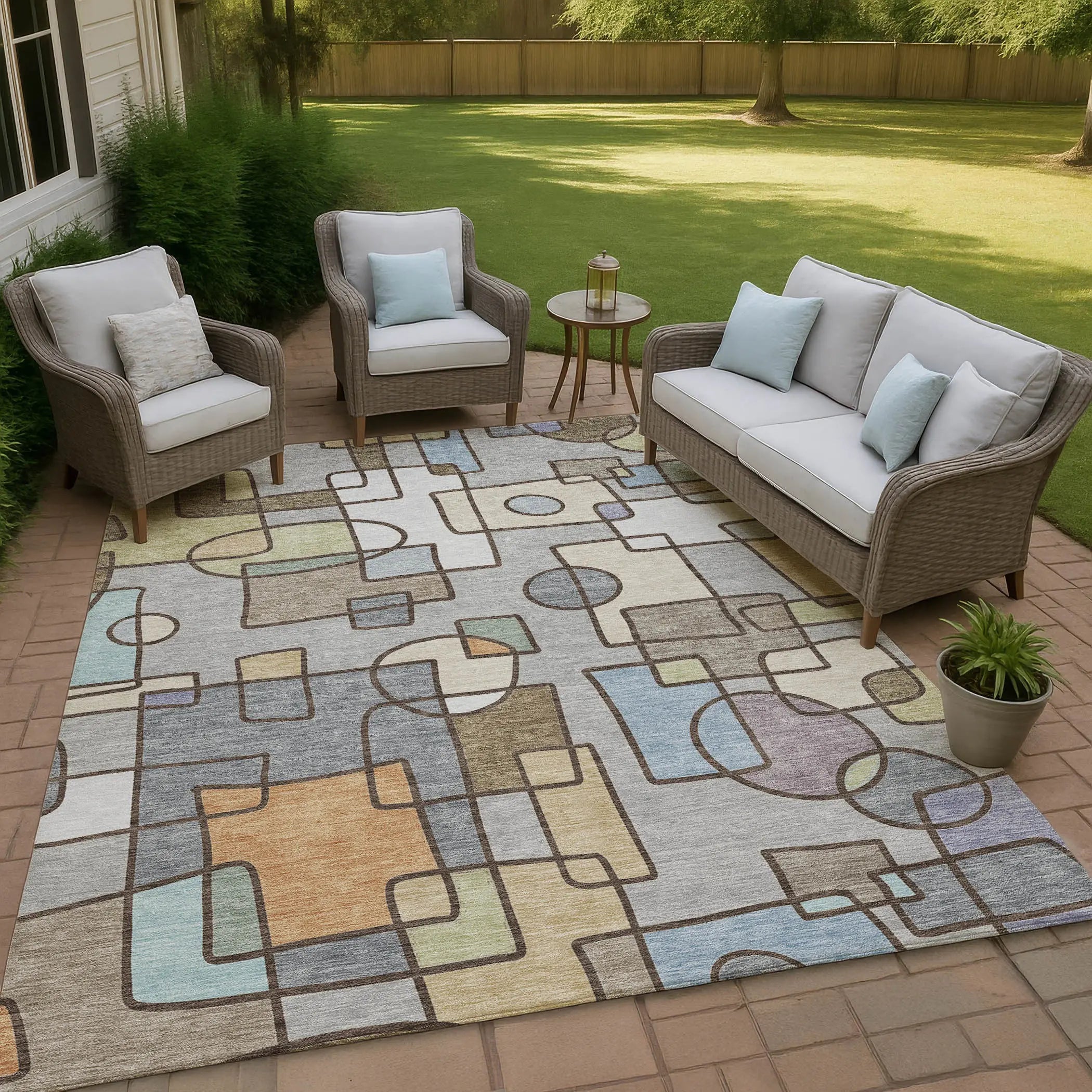3' X 5' Gray And Sky Blue Geometric Washable Indoor Outdoor Area Rug Homeroots Outdoor