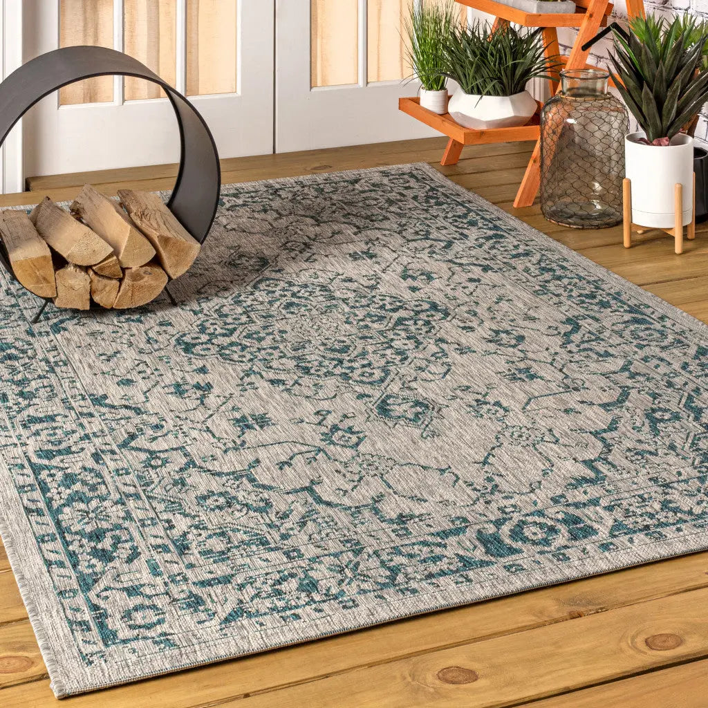 3' X 5' Gray And Teal Blue Medallion Indoor Outdoor Area Rug Homeroots Outdoor