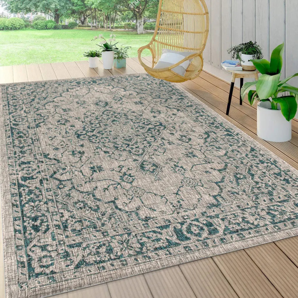 3' X 5' Gray And Teal Blue Medallion Indoor Outdoor Area Rug Homeroots Outdoor