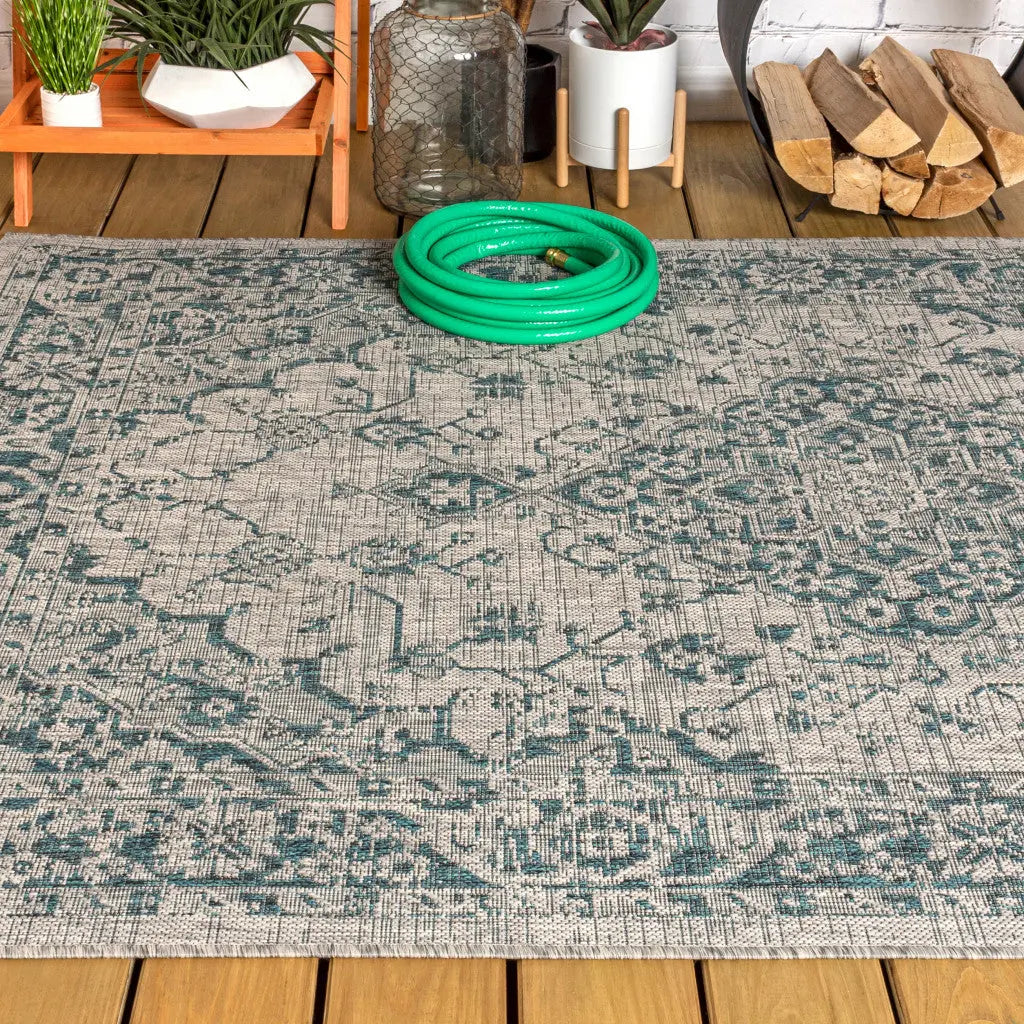 3' X 5' Gray And Teal Blue Medallion Indoor Outdoor Area Rug Homeroots Outdoor