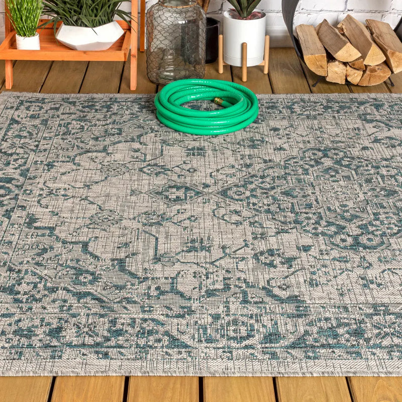 3' X 5' Gray And Teal Blue Medallion Indoor Outdoor Area Rug Homeroots Outdoor