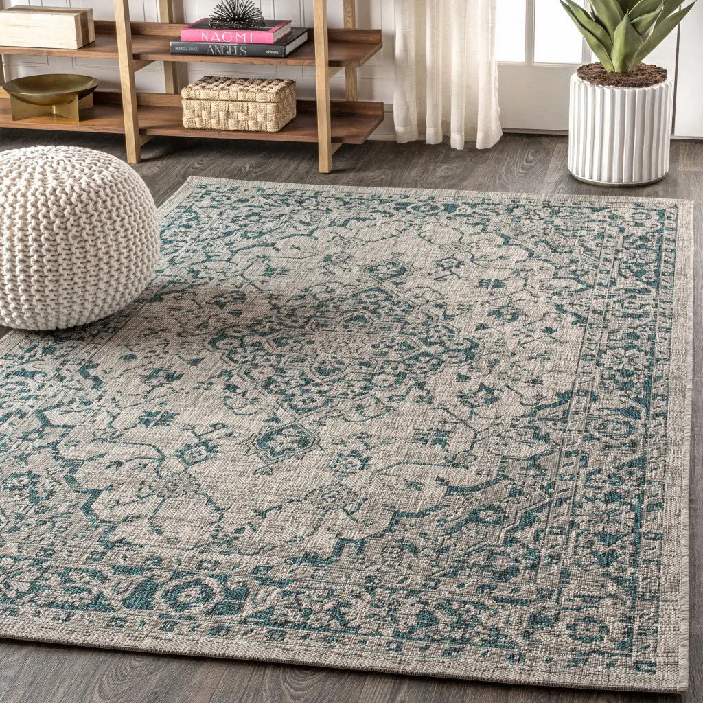 3' X 5' Gray And Teal Blue Medallion Indoor Outdoor Area Rug Homeroots Outdoor
