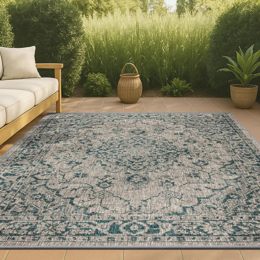 3' X 5' Gray And Teal Blue Medallion Indoor Outdoor Area Rug Homeroots Outdoor