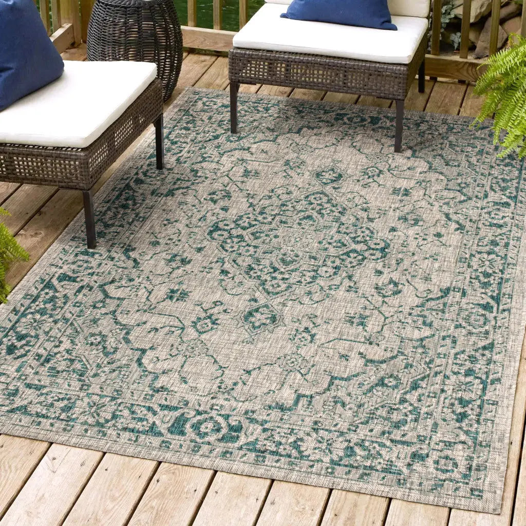 3' X 5' Gray And Teal Blue Medallion Indoor Outdoor Area Rug Homeroots Outdoor