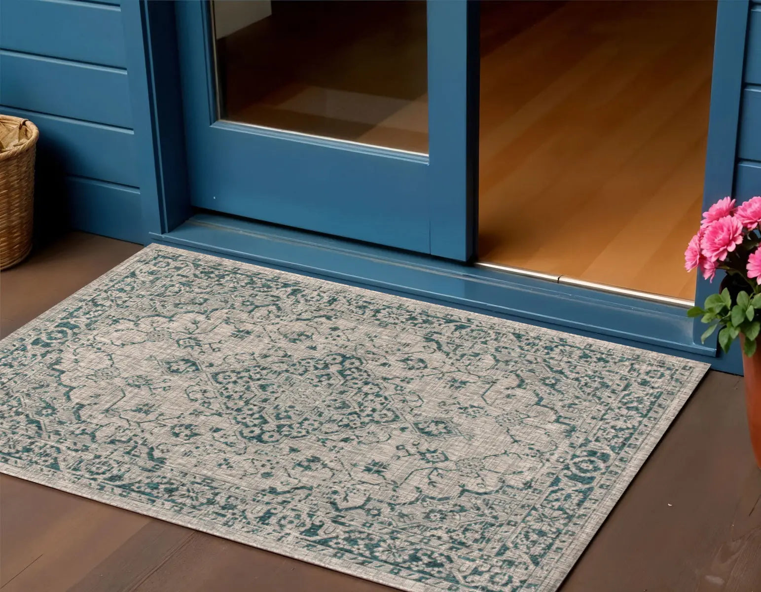3' X 5' Gray And Teal Blue Medallion Indoor Outdoor Area Rug Homeroots Outdoor