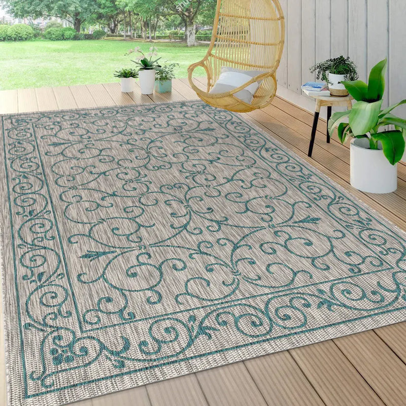3' X 5' Gray And Teal Blue Medallion Indoor Outdoor Area Rug Homeroots Outdoor