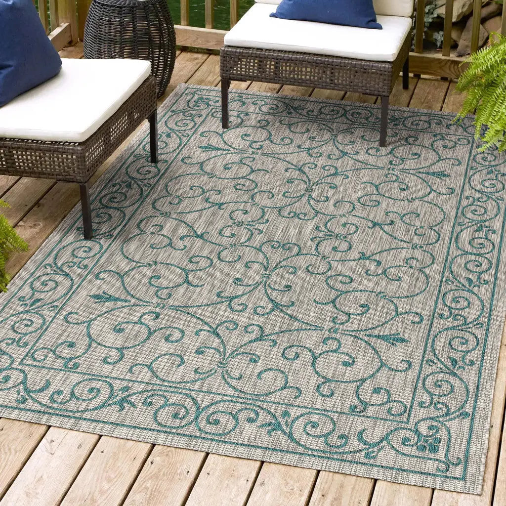 3' X 5' Gray And Teal Blue Medallion Indoor Outdoor Area Rug Homeroots Outdoor