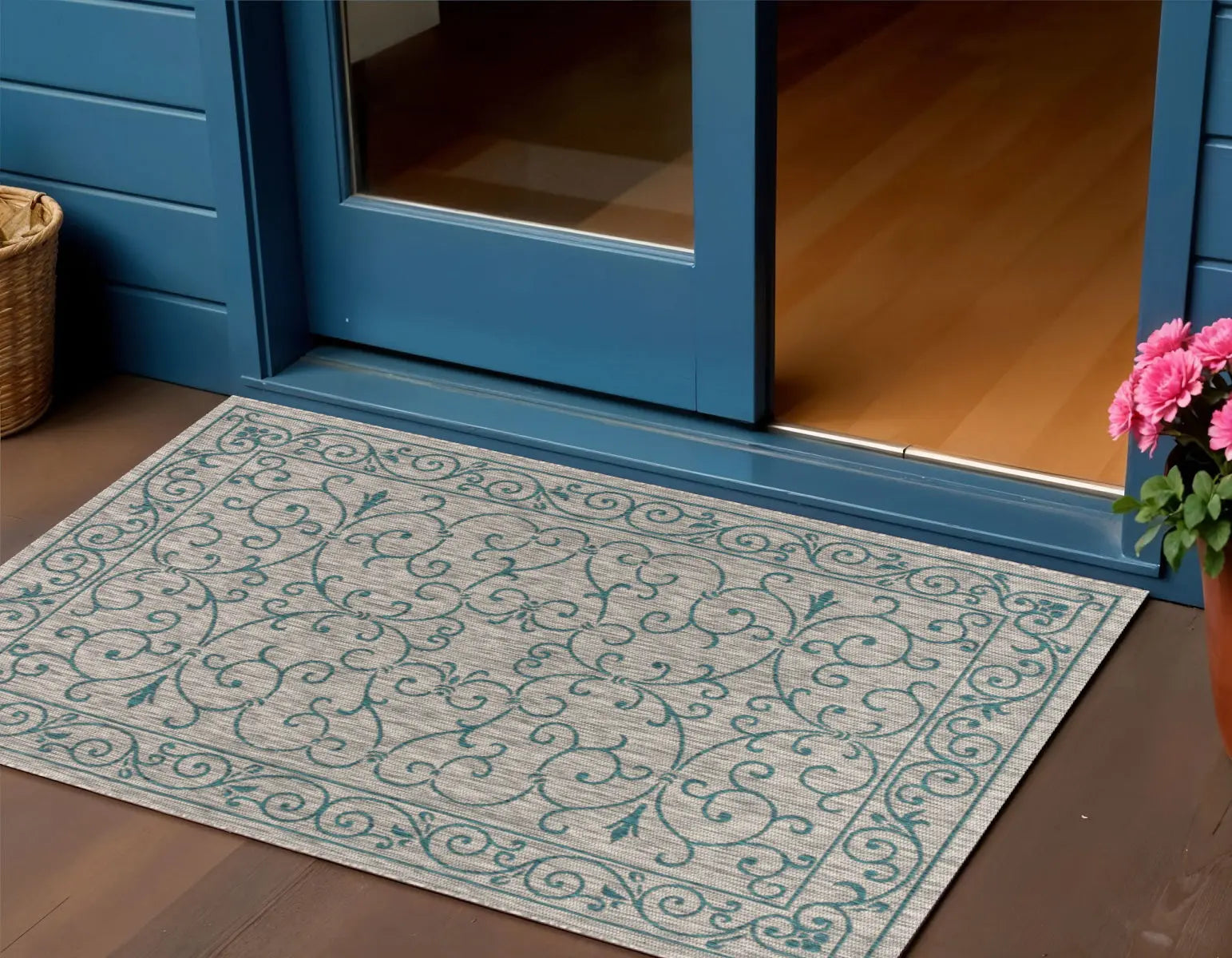 3' X 5' Gray And Teal Blue Medallion Indoor Outdoor Area Rug Homeroots Outdoor