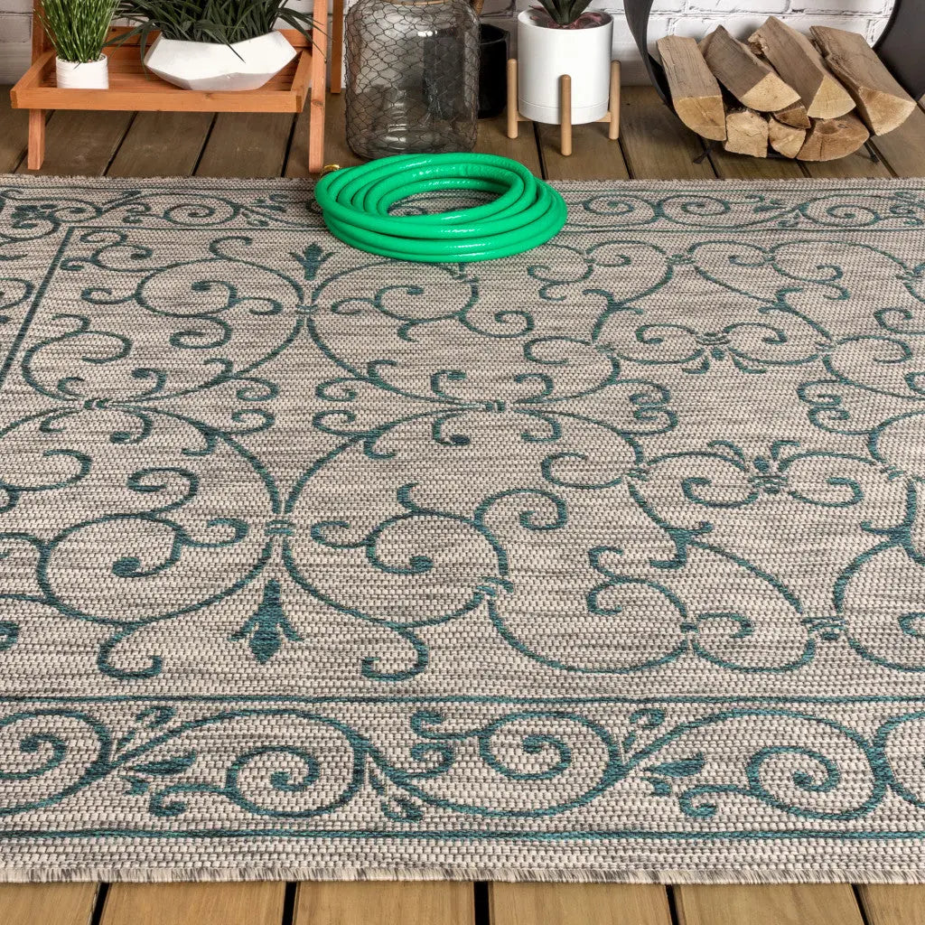 3' X 5' Gray And Teal Blue Medallion Indoor Outdoor Area Rug Homeroots Outdoor