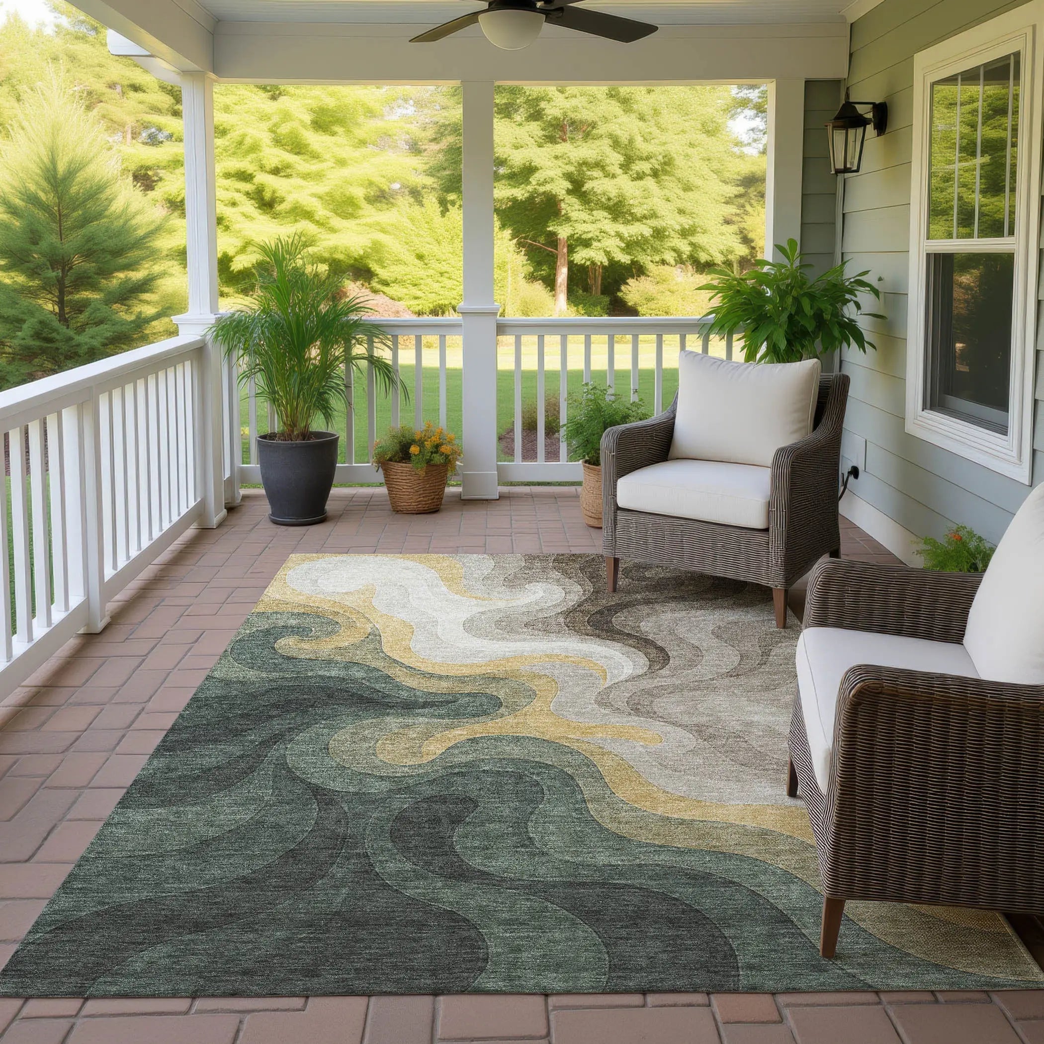 3' X 5' Green And Beige Abstract Washable Indoor Outdoor Area Rug Homeroots Outdoor