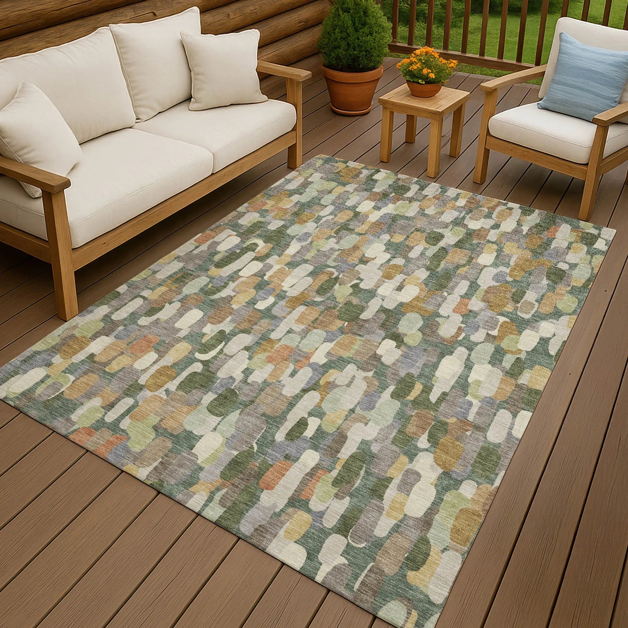 3' X 5' Green And Beige Abstract Washable Indoor Outdoor Area Rug Homeroots Outdoor