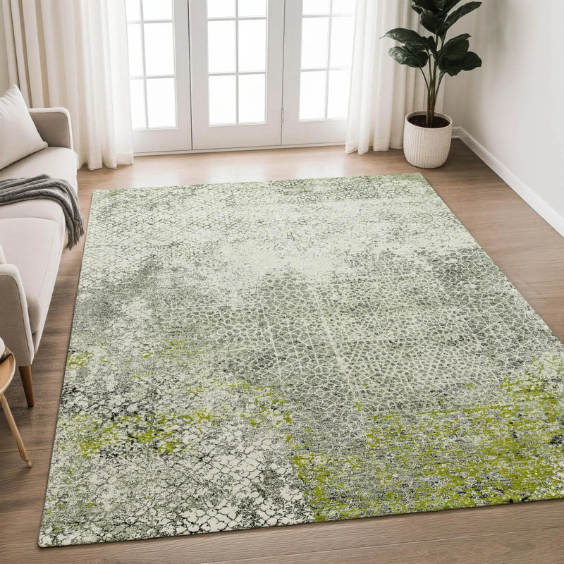 Green and gray abstract area rug, textured design, perfect for modern living rooms or cozy spaces.