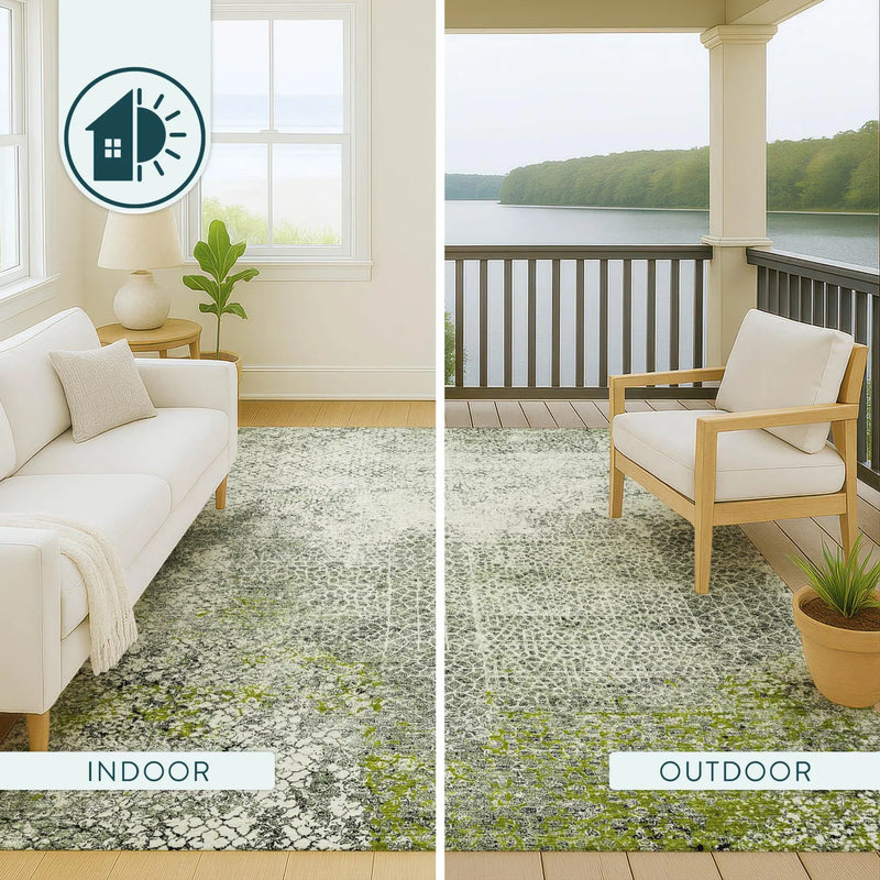 Gray and green indoor/outdoor area rug, textured design, perfect for stylish modern spaces.