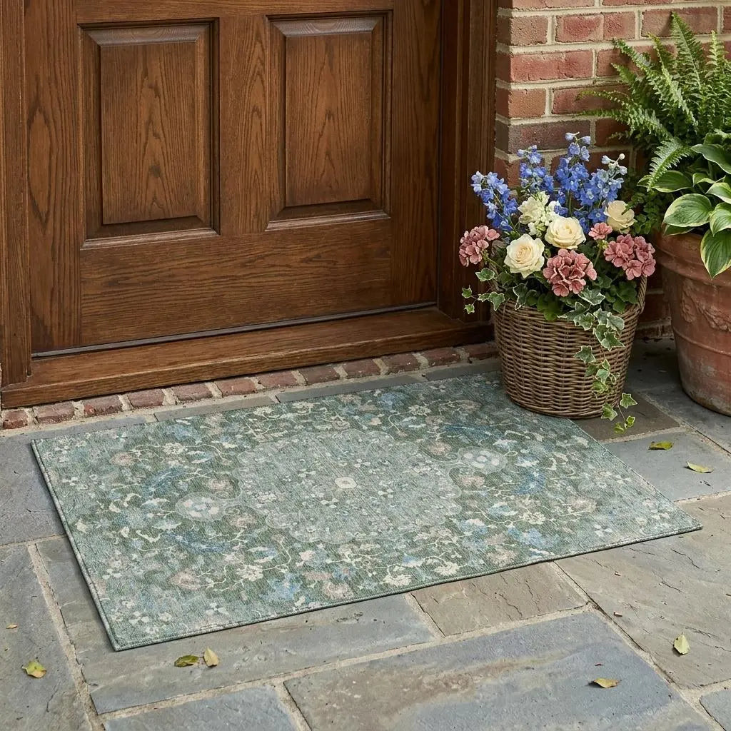 3' X 5' Green And Beige Floral Medallion Washable Indoor Outdoor Area Rug Homeroots Outdoor