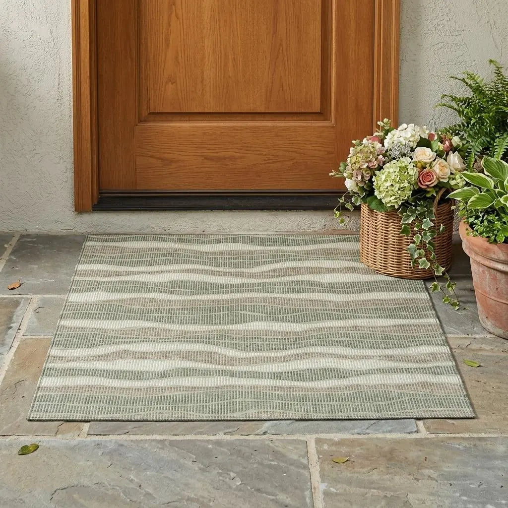 3' X 5' Green And Beige Striped Washable Indoor Outdoor Area Rug Homeroots Outdoor