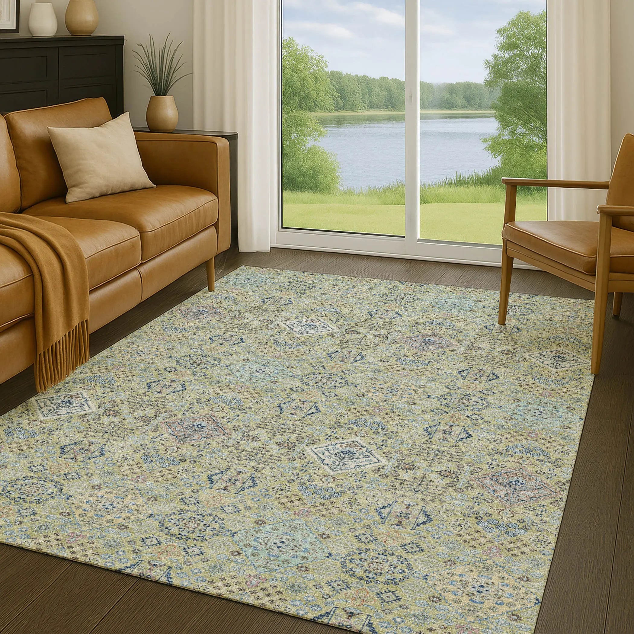 3' X 5' Green And Blue Oriental Washable Indoor Outdoor Area Rug Homeroots Outdoor