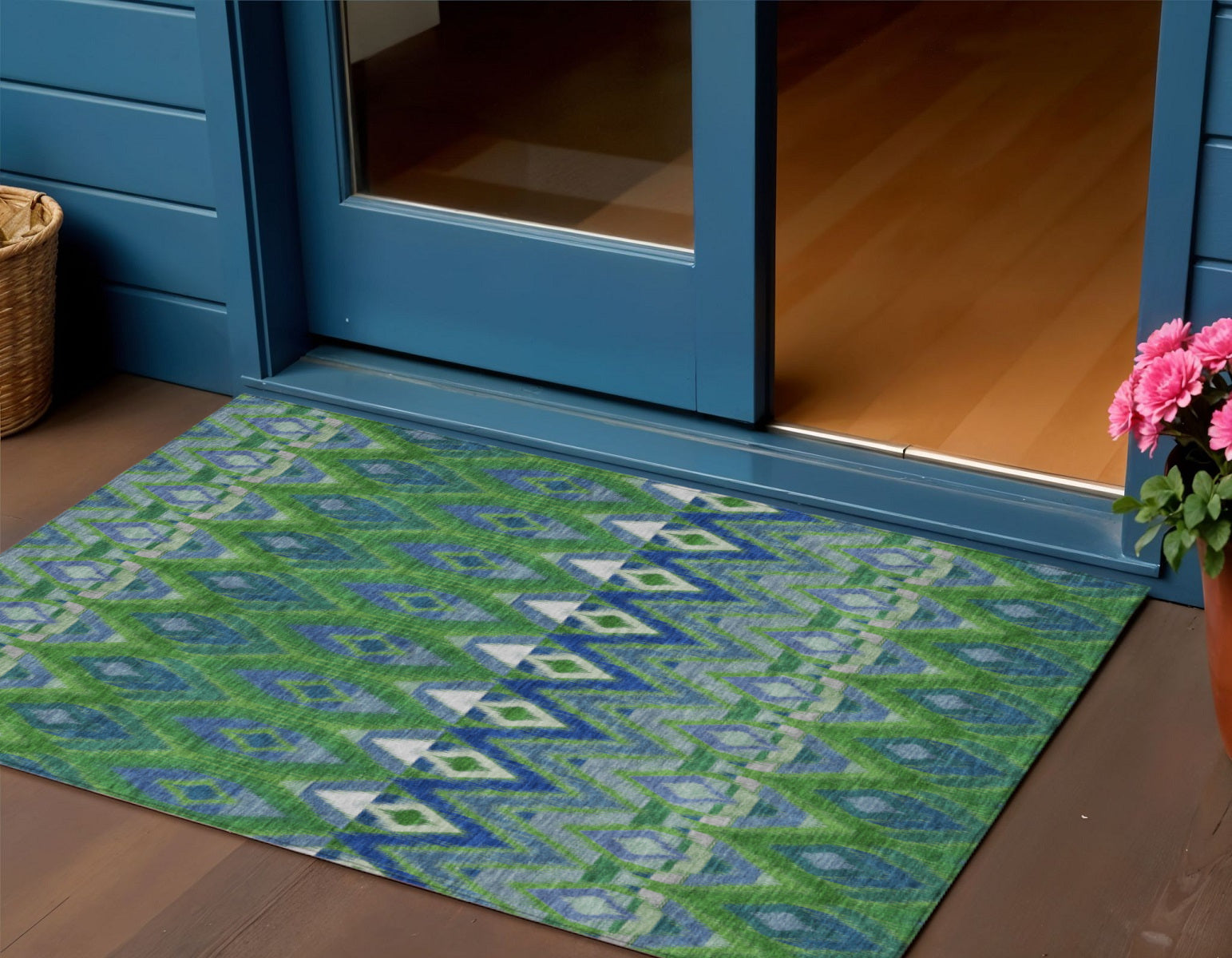 3' X 5' Green And Blue Southwestern Washable Indoor Outdoor Area Rug Homeroots Outdoor