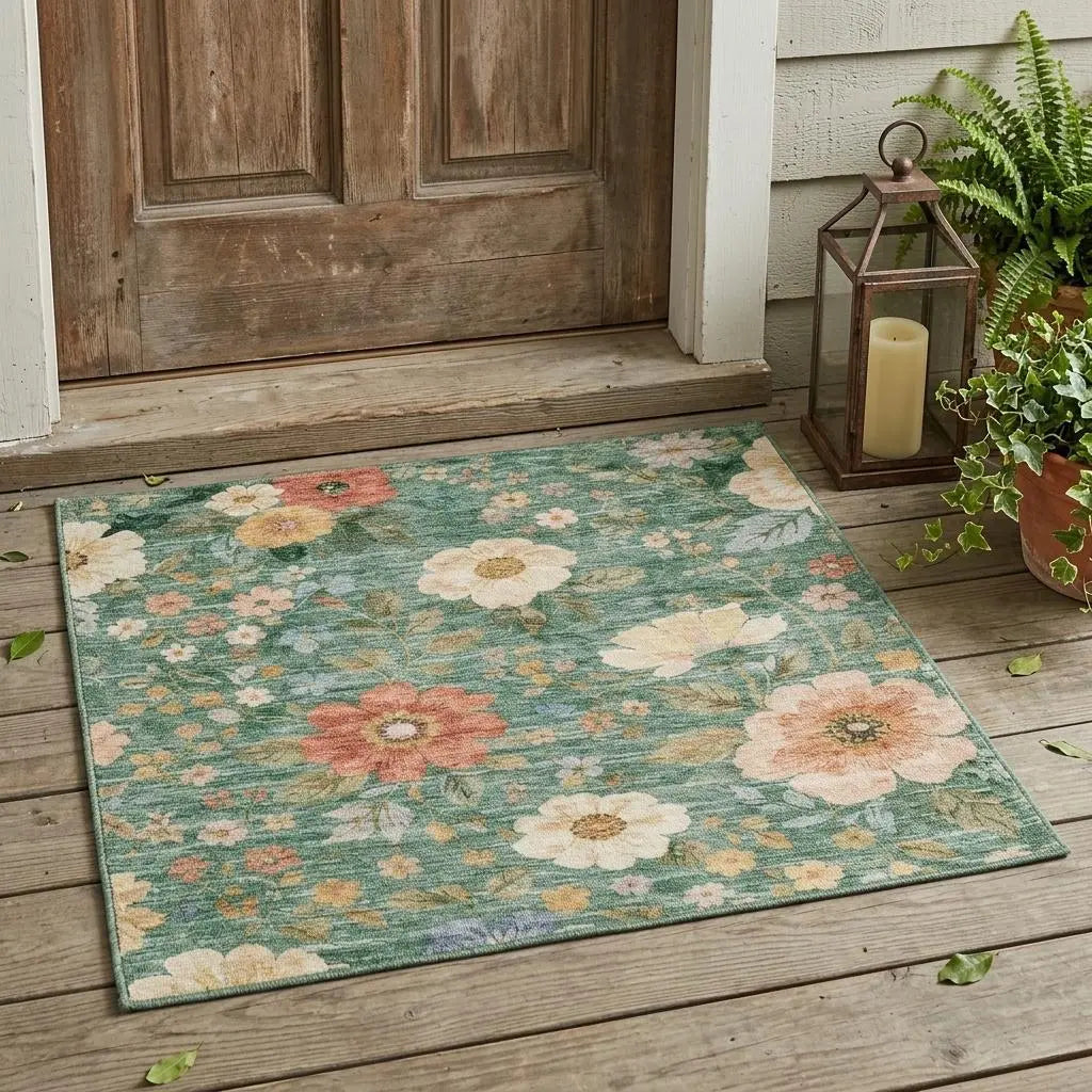 3' X 5' Green And Brown Floral Washable Indoor Outdoor Area Rug Homeroots Outdoor