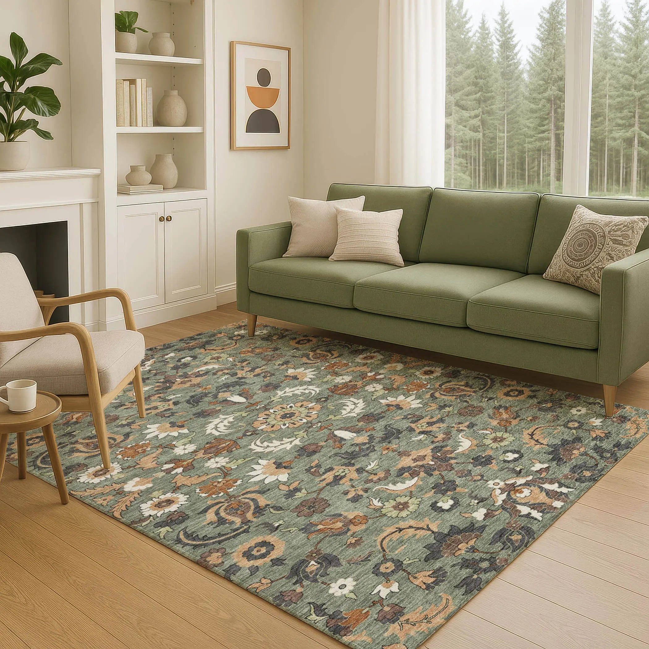 3' X 5' Green And Charcoal Floral Medallion Washable Indoor Outdoor Area Rug Homeroots Outdoor
