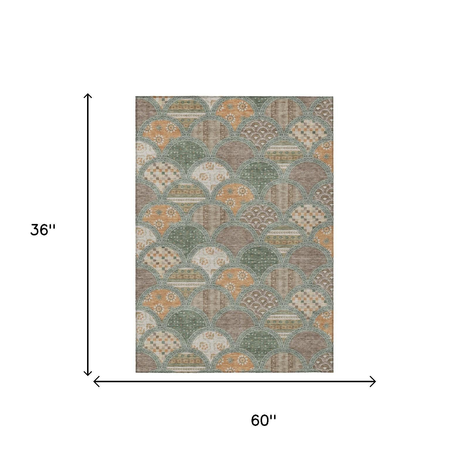 3' X 5' Green And Copper Geometric Washable Indoor Outdoor Area Rug Homeroots Outdoor