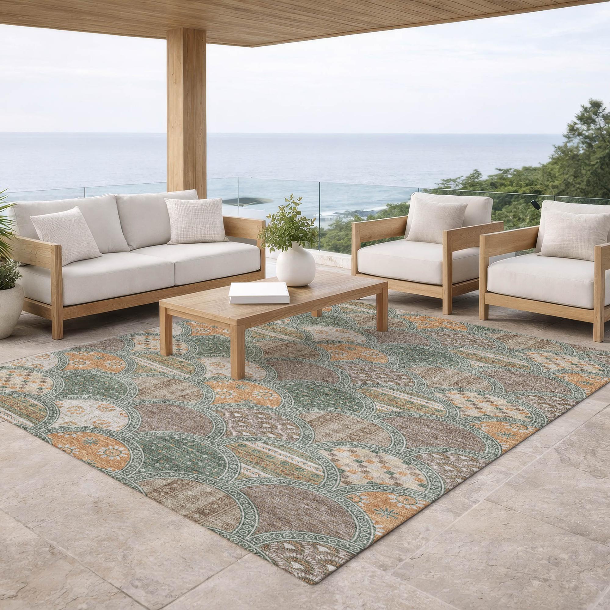 3' X 5' Green And Copper Geometric Washable Indoor Outdoor Area Rug Homeroots Outdoor