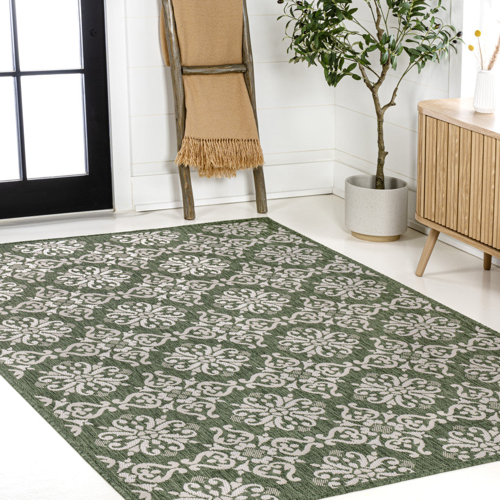 3' X 5' Green And Cream Floral Indoor Outdoor Area Rug - GreatEagleInc