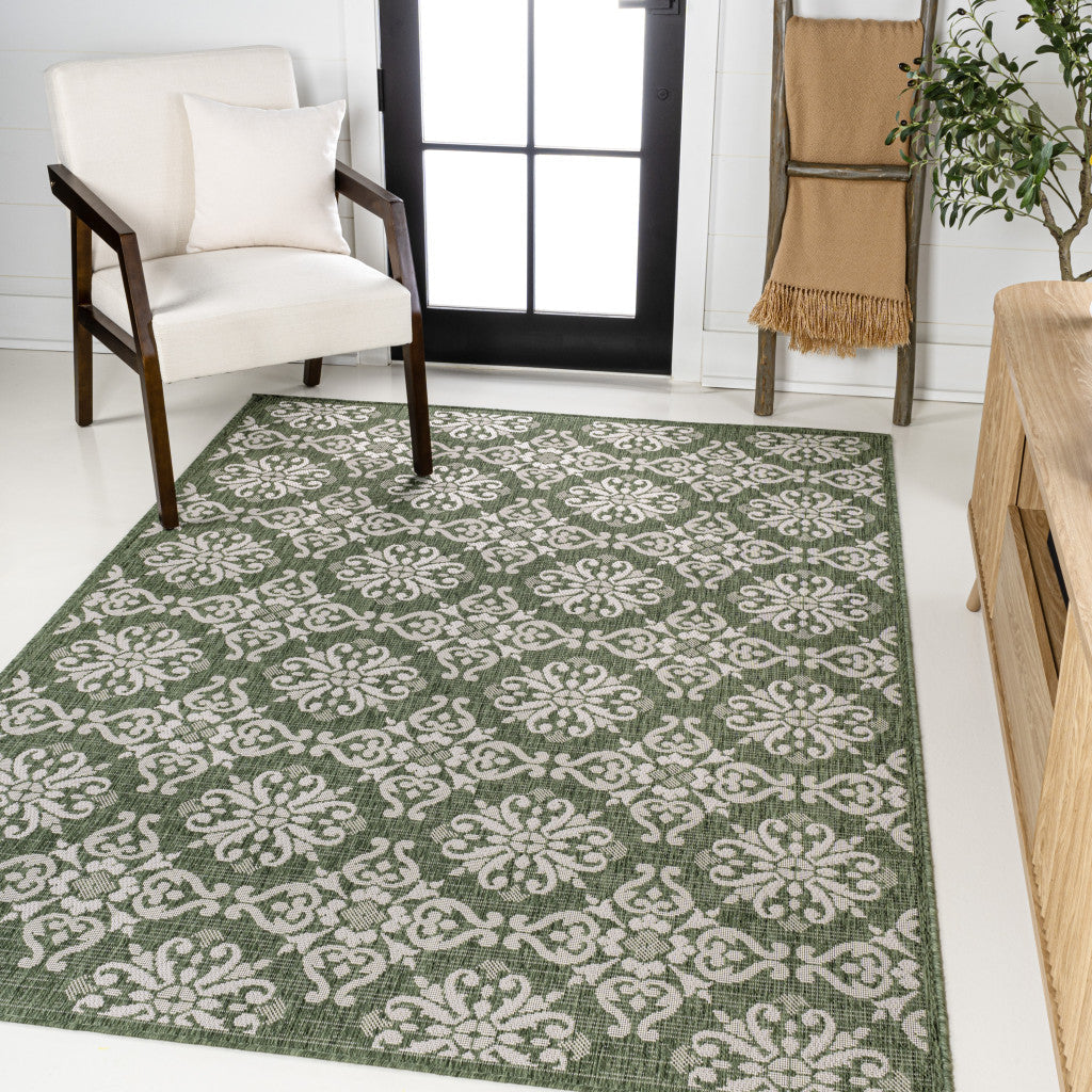3' X 5' Green And Cream Floral Indoor Outdoor Area Rug - GreatEagleInc