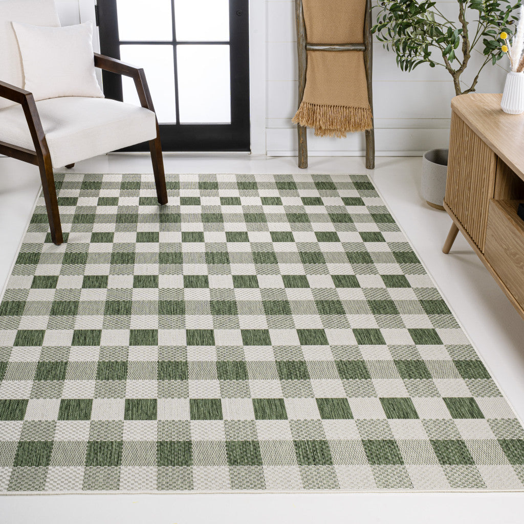 3' X 5' Green And Cream Geometric Indoor Outdoor Area Rug - GreatEagleInc