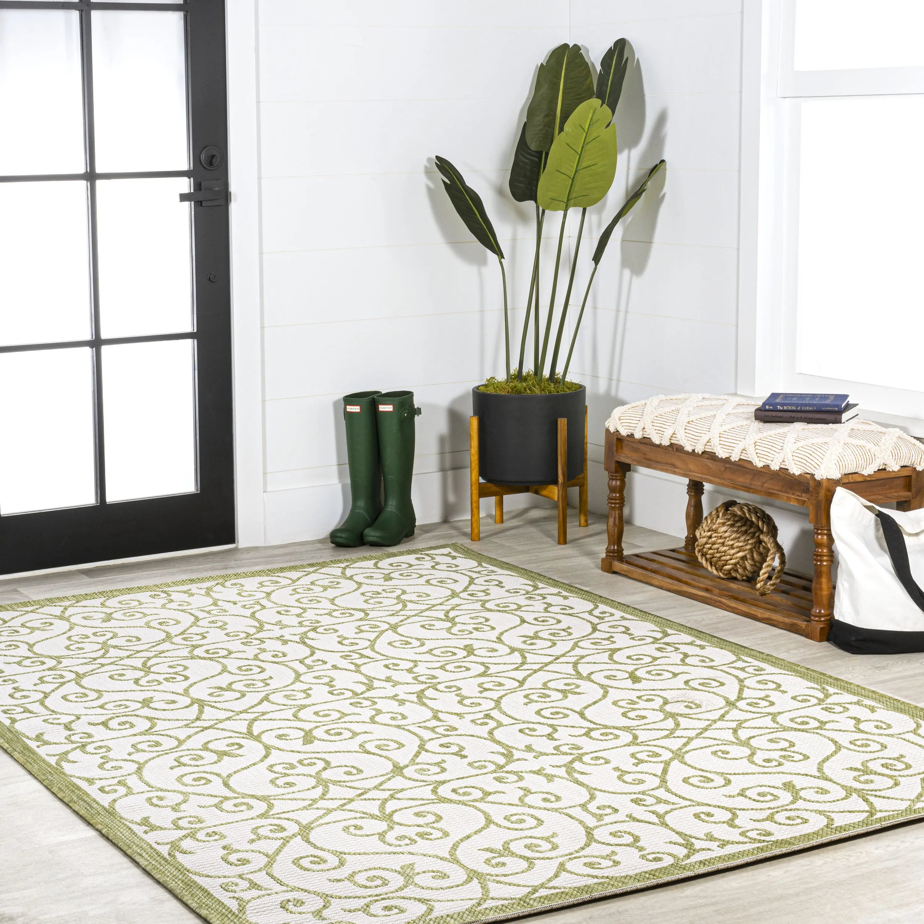3' X 5' Green And Cream Geometric Indoor Outdoor Area Rug Homeroots Outdoor