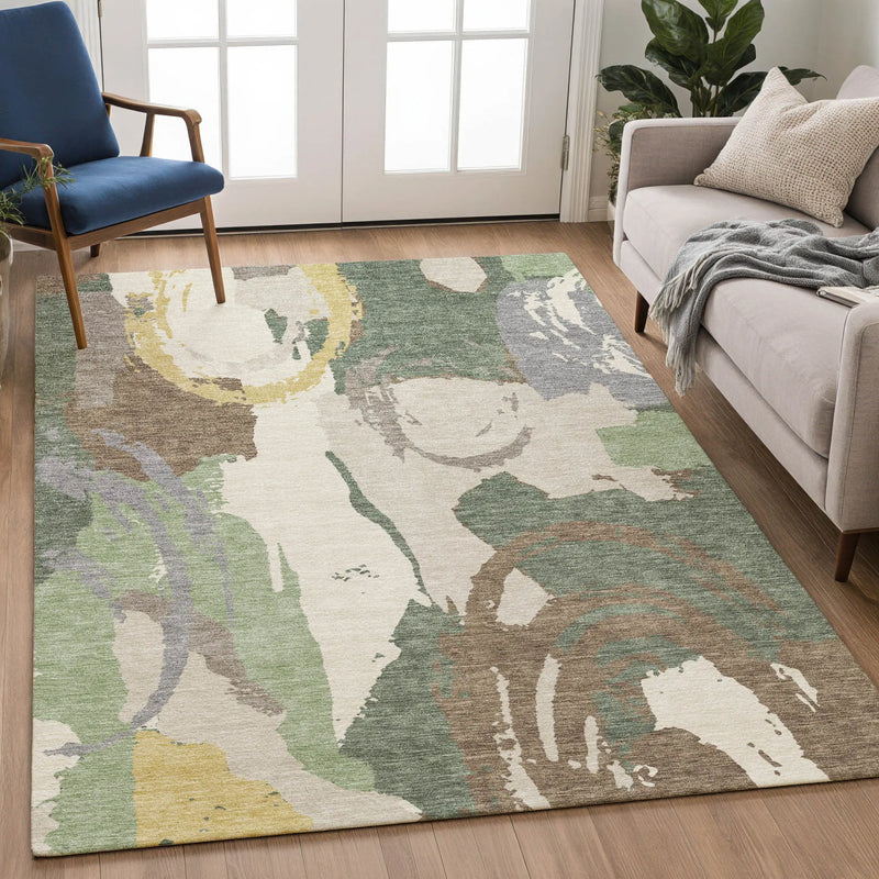 3' X 5' Green And Denim Blue Abstract Washable Indoor Outdoor Area Rug Homeroots Outdoor