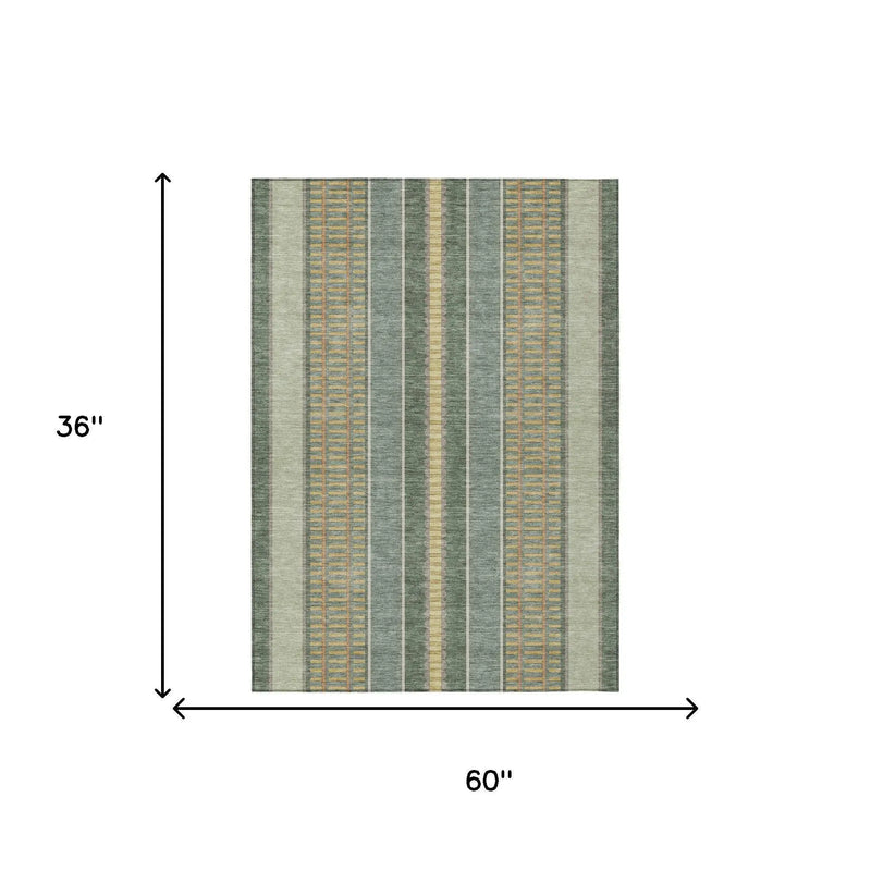 3' X 5' Green And Denim Blue Striped Washable Indoor Outdoor Area Rug Homeroots Outdoor