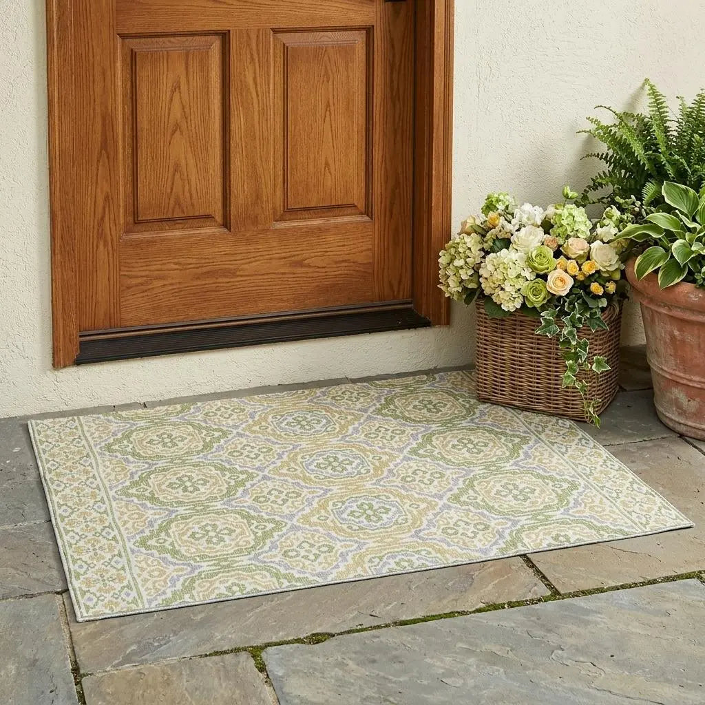 3' X 5' Green And Denim Blue Tribal Washable Indoor Outdoor Area Rug Homeroots Outdoor